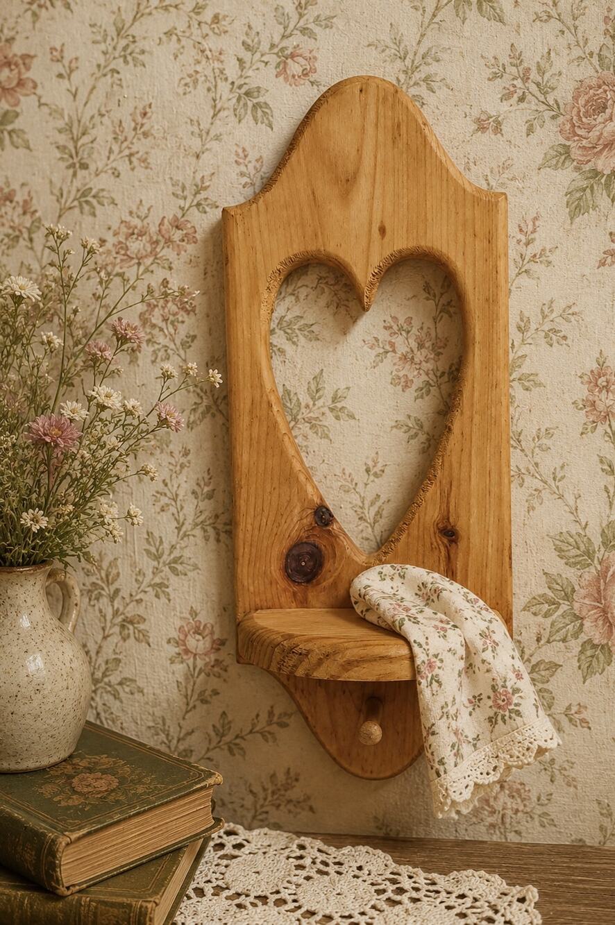 Vintage Wooden Heart Wall Shelf with Peg Rustic Cottage Farmhouse Primitive